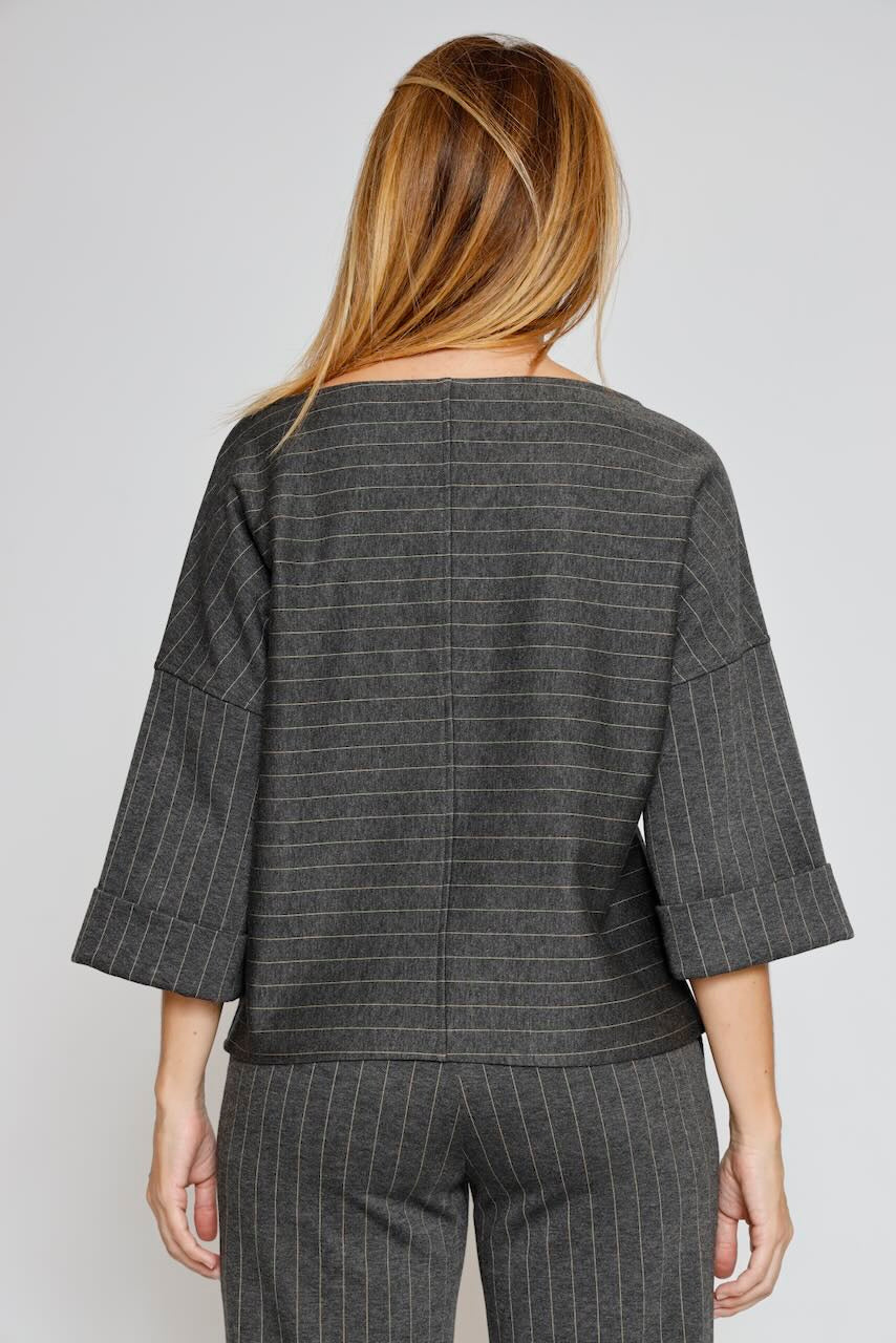 Blusa de rayas con escote barco 54-2140-CAMEL/GRIS