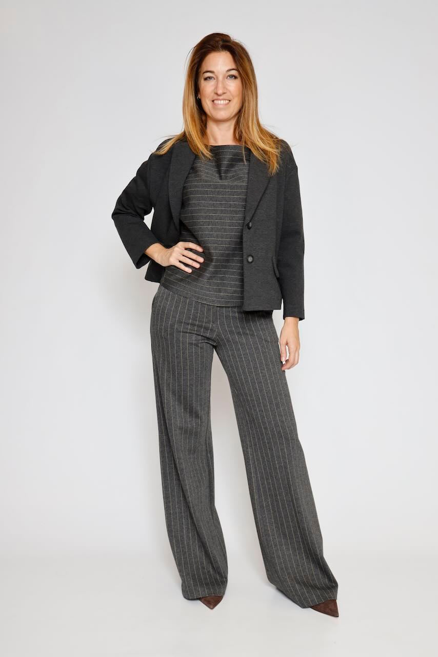 Blusa de rayas con escote barco 54-2140-CAMEL/GRIS