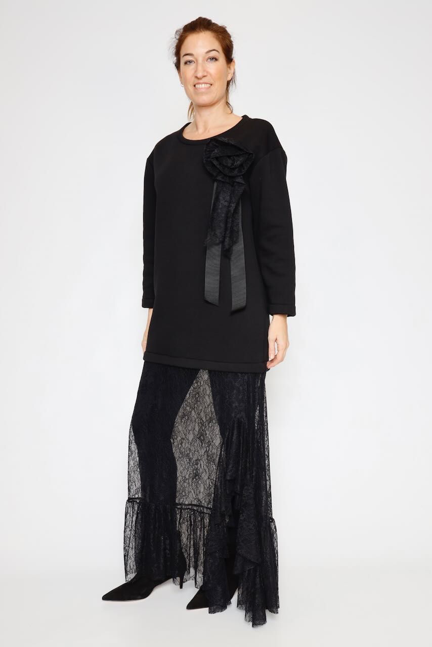 VESTIDO COMBINADO CON ENCAJE A25AN703-NEGRO